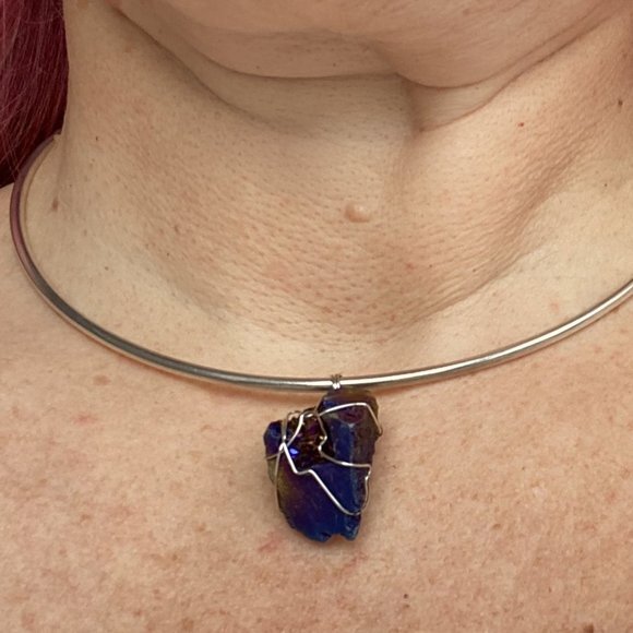 Gorgeous Blue Iridescent Agate Pendant Wire Wrapped by Hand - Picture 5 of 5